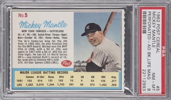 1962 Post Cereal #5 Mickey Mantle, Life Ad on Back, Perforated – PSA NM-MT 8 